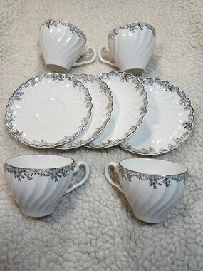 Johnson Bros Ironstone Tea Cup Saucer Set 4 White Silver Scroll Floral Vintage
